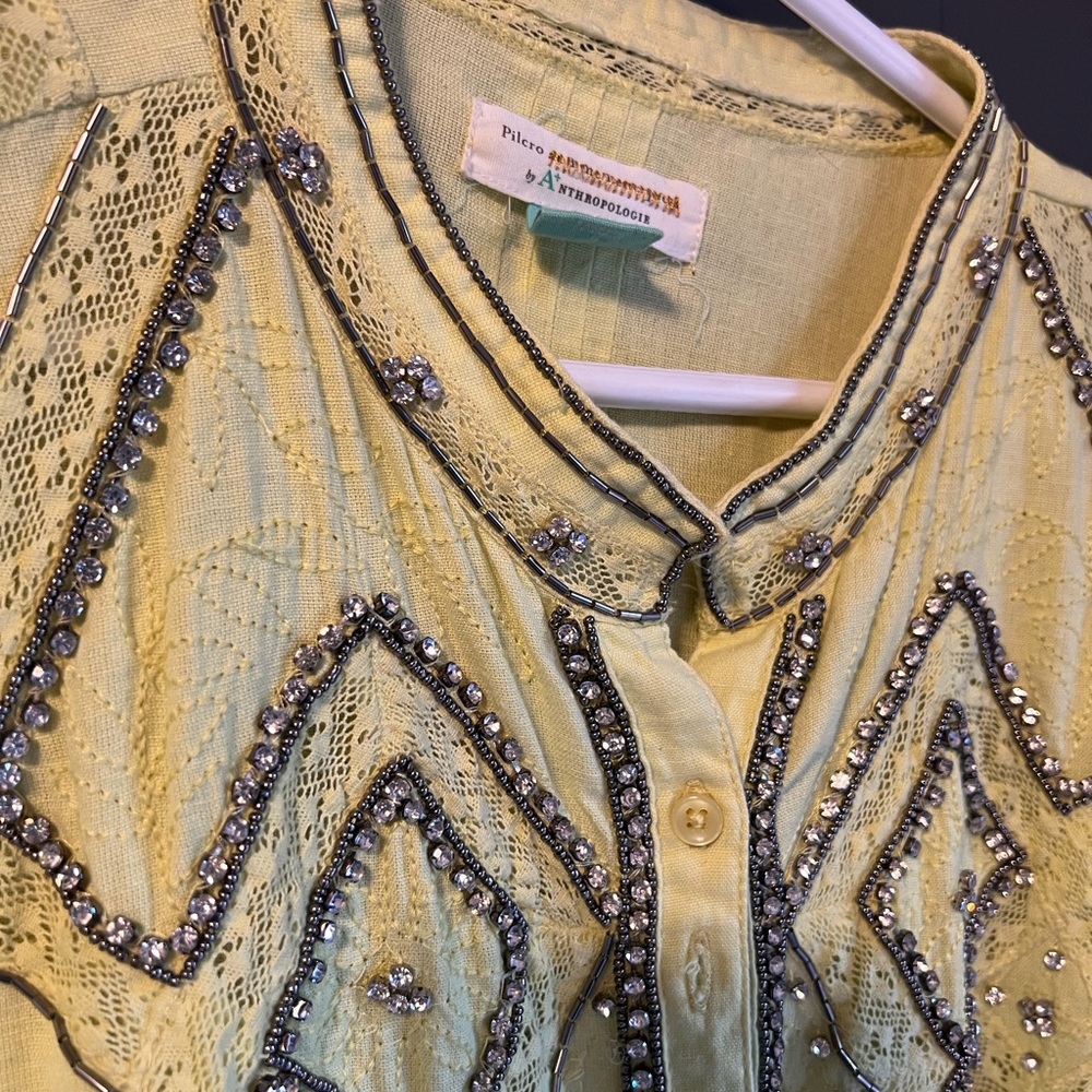 Anthropologie Pale Yellow Embellished Lace Button-Down Top